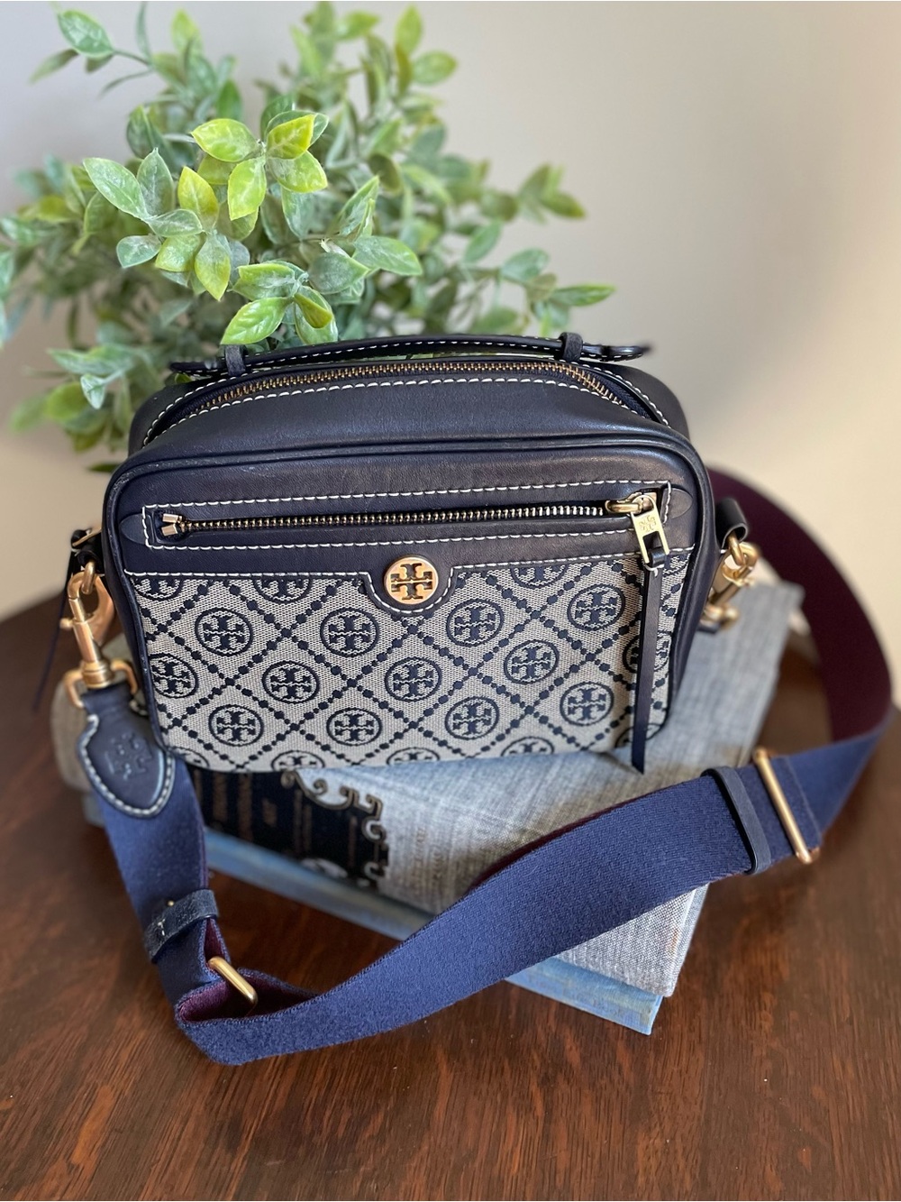 Tory Burch Navy and Cream Logo Jacquard Crossbody Bag
